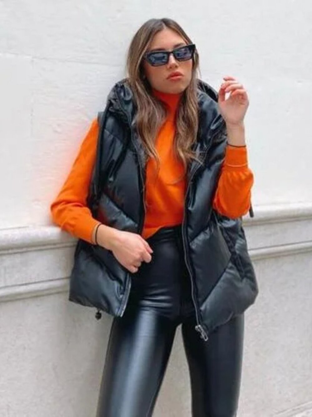Zara - Faux Leather Hooded Vest Puffer Gilet Jacket 3046/031 | Medium | Black